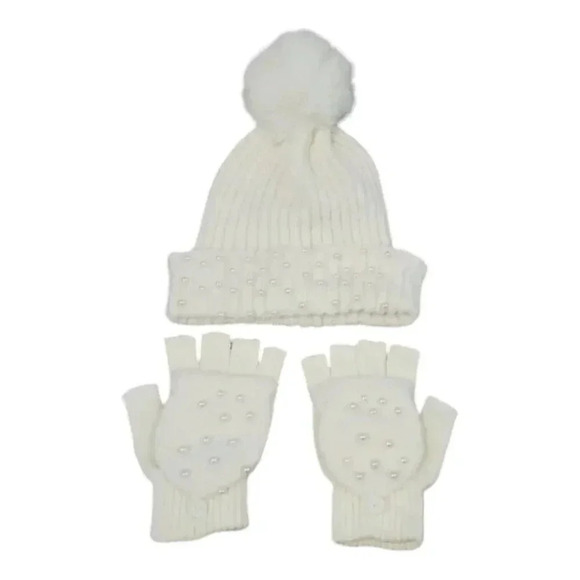 White Knit hat with Super Pom and Faux Pearl Accents Hat and Fingerles Glove set - Picture 2 of 12